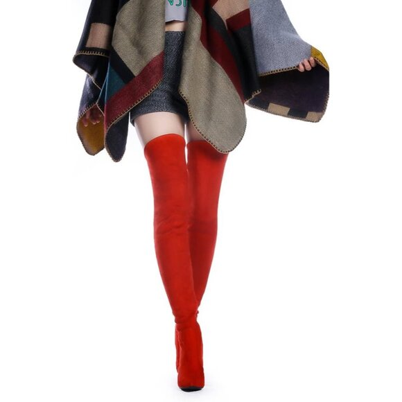Women Red Suede Stretch Thigh High Over The Knee Chunky Heel Pointed Toe Boots - Picture 4 of 7